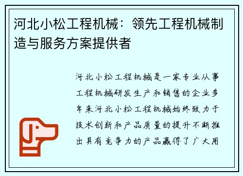 河北小松工程机械：领先工程机械制造与服务方案提供者